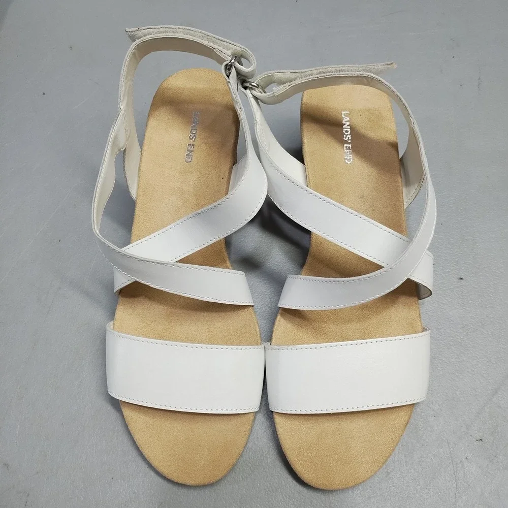 Lands' End Wedge Strappy Sandals Womens 9B White Cushioned Open Toe Hook & Loop
